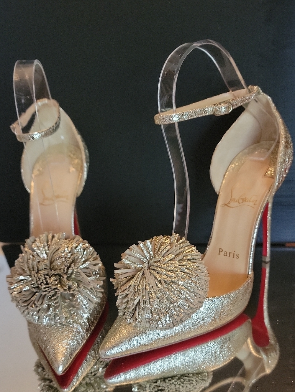 Christian Louboutin Tsarou Pom Pom Goldcrinkled Leather Ankle Strap 100Sz 36